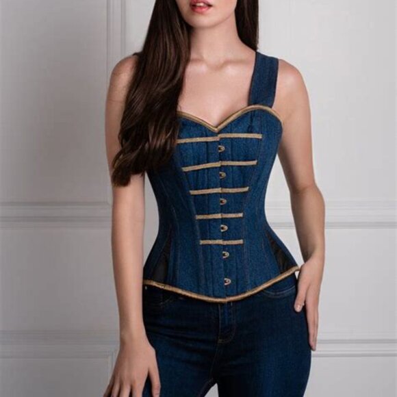 Denim Corset Top with Gold Trim - Picture 2 of 15